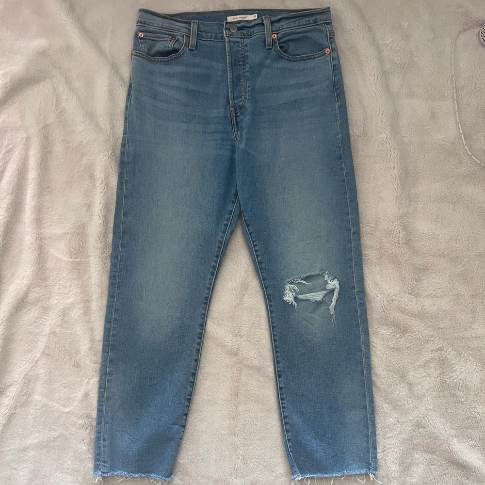 Levi’s The Wedgie Straight High-Rise Distressed Blue Jeans